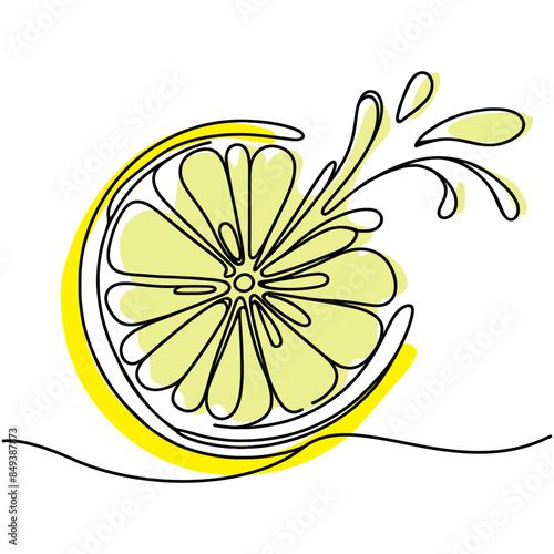 Lemon slice in the style of minimal lines. Continuous one line drawing, Vector illustration isolate on white background.