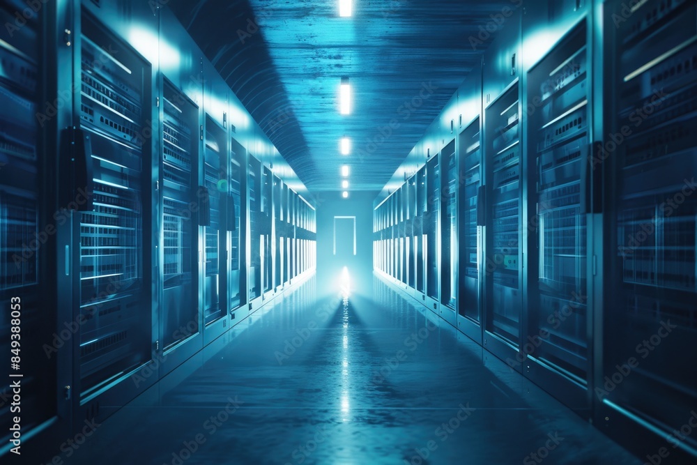 Rows of servers and storage equipment fill this long hallway Rows of servers and storage equipment fill this long hallway