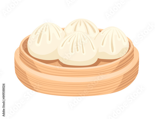 Traditional Chinese steamed pork bun Baozi on bamboo round tray vector illustration isolated on white background