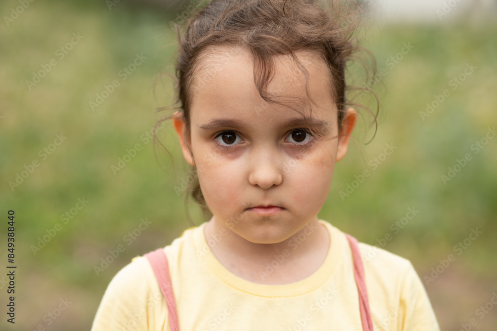 Sad, Serious pensive little kid girl preschool child crying unhappy looking at camera. Negative emotions. Sad, Serious pensive little kid girl preschool child crying unhappy looking at camera. Negative emotions.