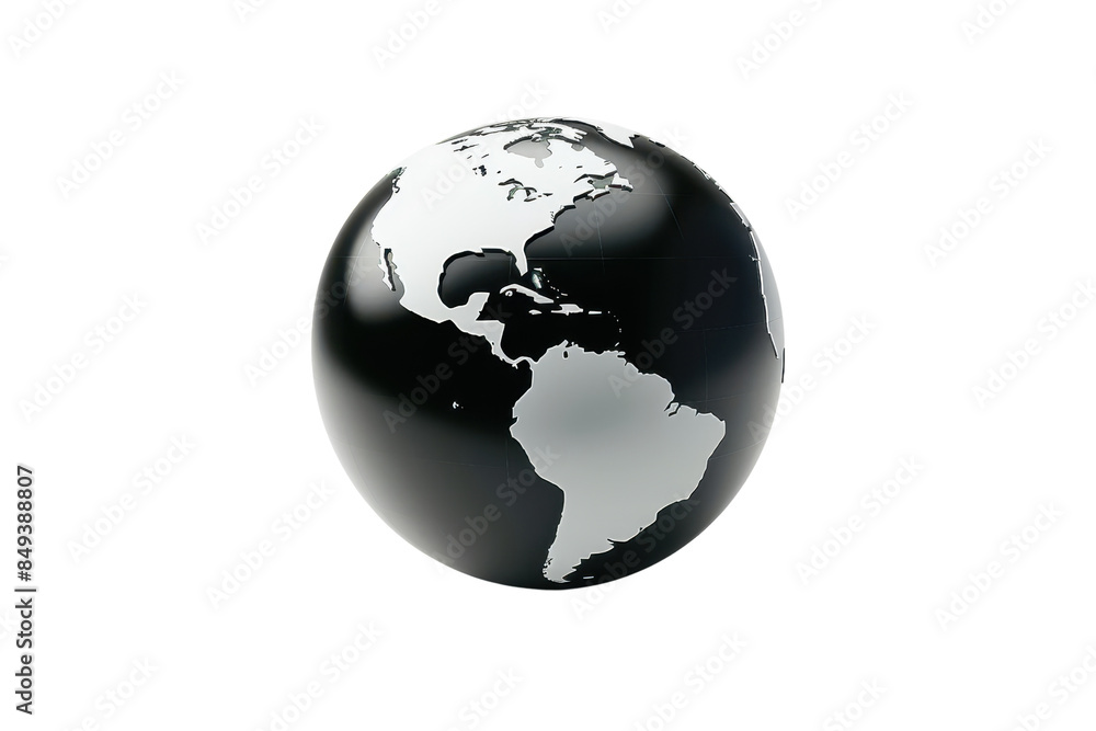 Fototapeta premium Glossy black and white globe highlighting North and South America, representing global connectivity and earth's geography.