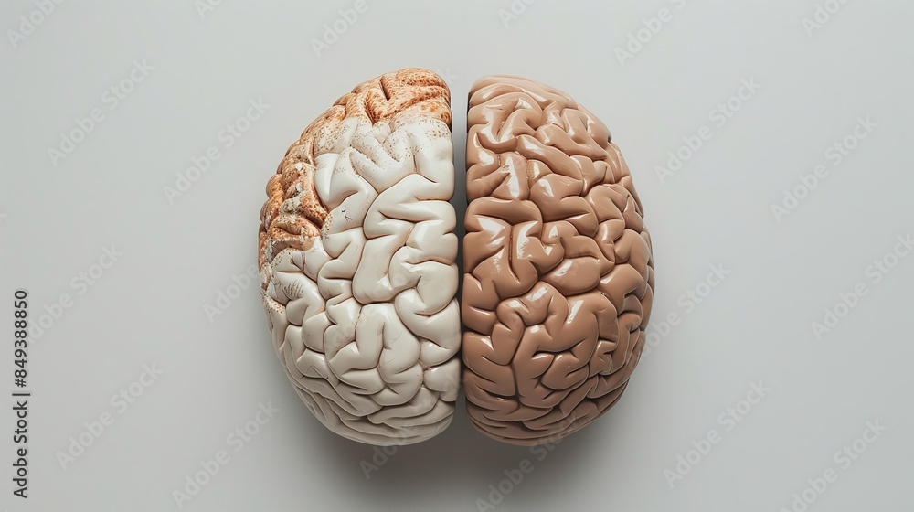 Idea of left and right sides of the human brain on a white backdrop, Generative AI. Idea of left and right sides of the human brain on a white backdrop, Generative AI.