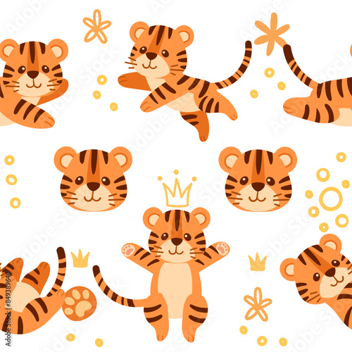 Seamless pattern cute small tiger cub with golden crown king cartoon animal design vector illustration on white background