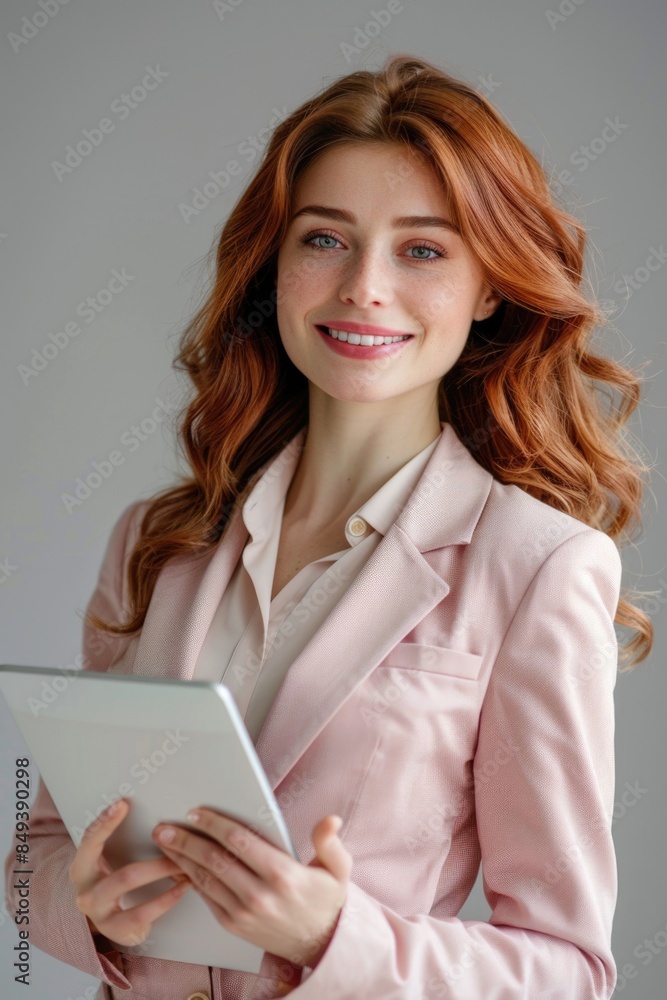 A person wearing a pink jacket holds a tablet, providing information and staying connected A person wearing a pink jacket holds a tablet, providing information and staying connected