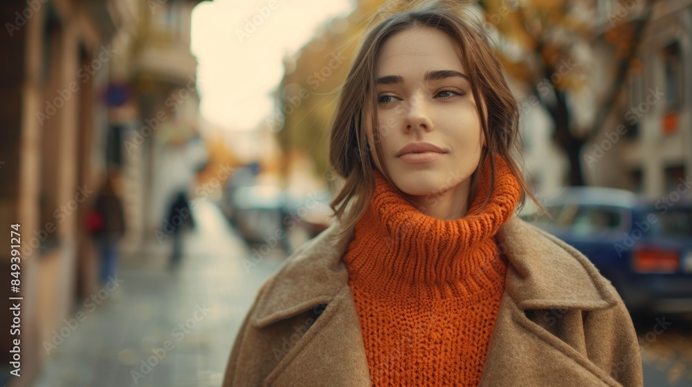 Fototapeta premium A woman wearing a brown coat and orange scarf, possibly outdoors