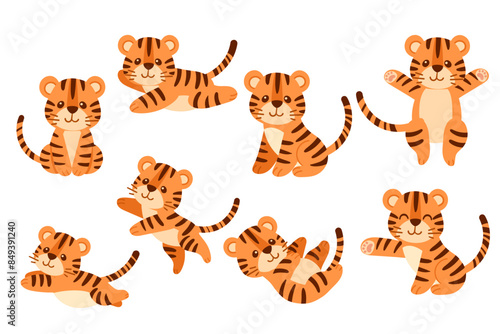 Set of cute tiger cub cartoon animal design vector illustration isolated on white background