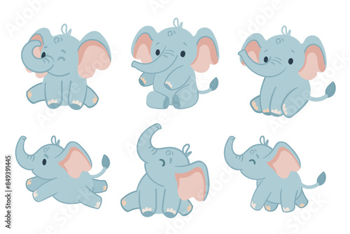 Set of cute elephant calf cartoon animal design vector illustration isolated on white background