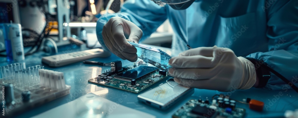 Technician hands are repairing the smartphone in the lab, technology concept banner, generative AI. Technician hands are repairing the smartphone in the lab, technology concept banner, generative AI.