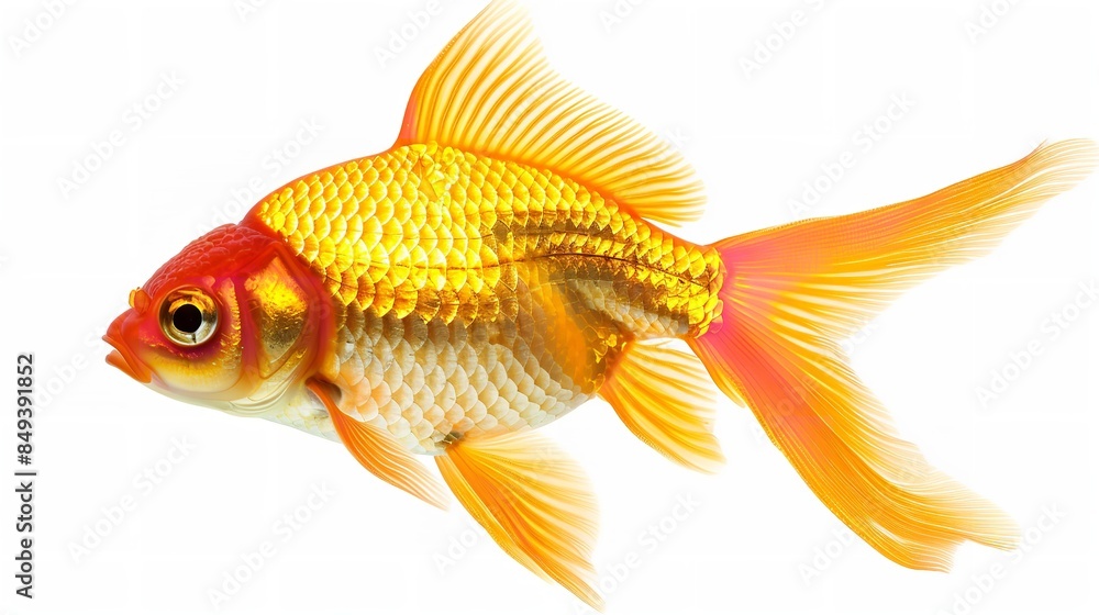 Isolated on a white background are goldfish with brilliant colors, Generative AI. Isolated on a white background are goldfish with brilliant colors, Generative AI.