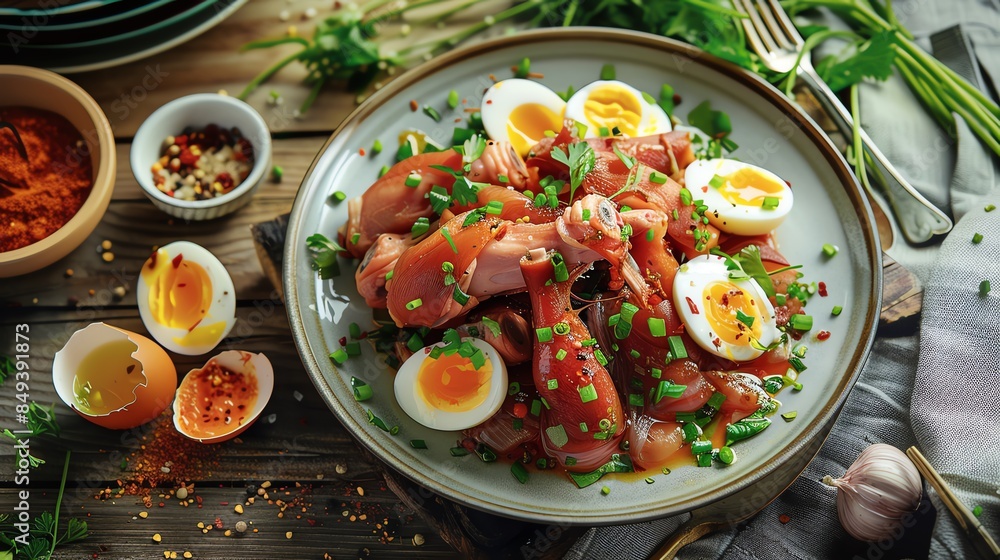 A serene image of pickled pigs feet served with boiled eggs and vegetables, on a rustic kitchen table with natural light streaming in A serene image of pickled pigs feet served with boiled eggs and vegetables, on a rustic kitchen table with natural light streaming in