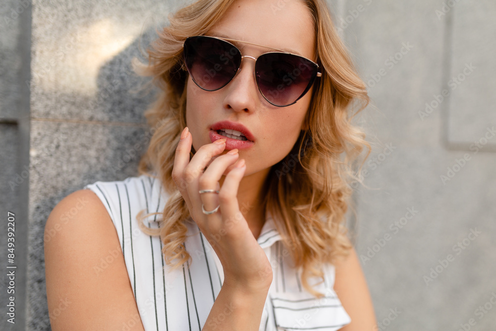 close-up portrait of young attractive stylish blonde woman in city street in summer fashion style close-up portrait of young attractive stylish blonde woman in city street in summer fashion style