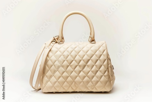 A simple beige handbag with a long strap placed on a clean white background, great for e-commerce, fashion, or lifestyle images