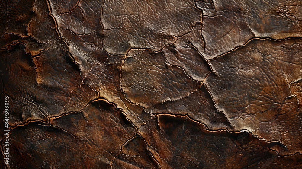 Capture the rough, cracked texture of an old leather book cover, emphasizing its aged look. Capture the rough, cracked texture of an old leather book cover, emphasizing its aged look.