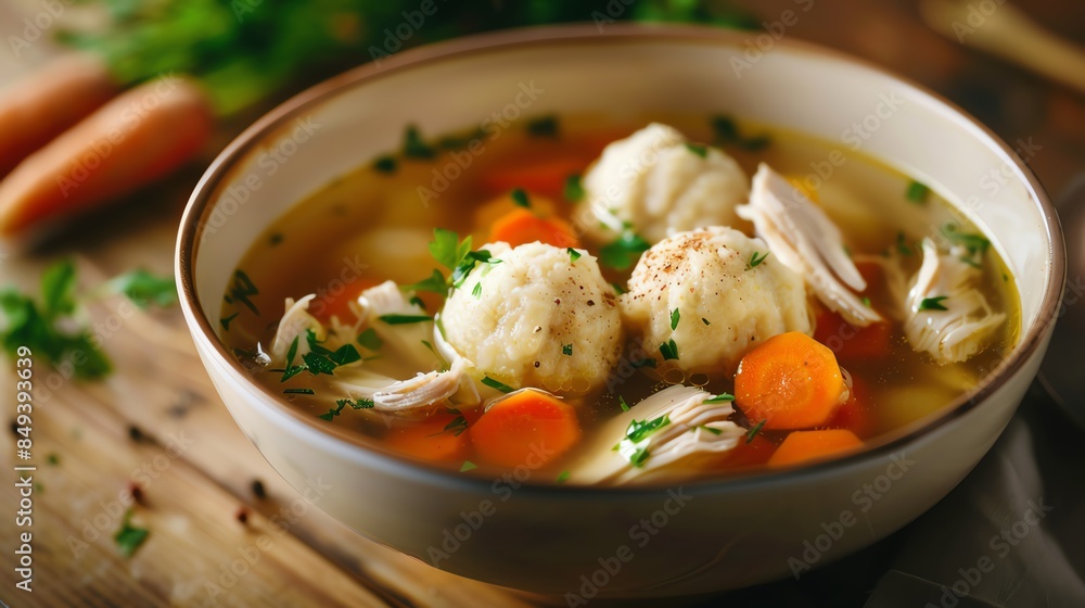 A traditional bowl of chicken matzo ball soup A traditional bowl of chicken matzo ball soup