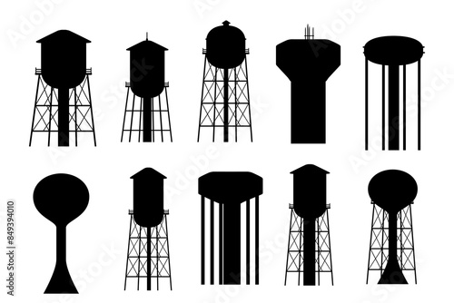 Black silhouette set of Metal water tower with oval water tank countryside water reservoir infrastructure vector illustration isolated on white background
