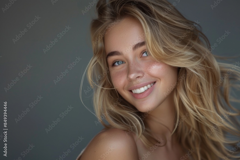 A portrait of a beautiful young woman with long blonde hair, smiling and looking directly at the camera A portrait of a beautiful young woman with long blonde hair, smiling and looking directly at the camera