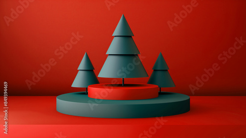 3d illustration of a Christmas tree on a podium in a red-green shade
