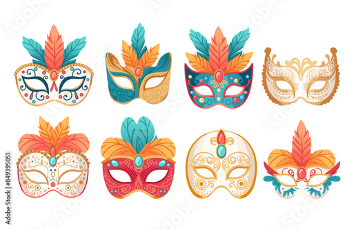 Set of Colored carnival mask with decorative feathers vector illustration isolated on white background
