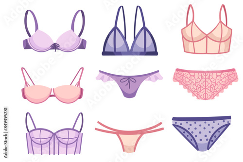 Collection of female underwear bra and panty retro sexy design vector illustration isolated on white background