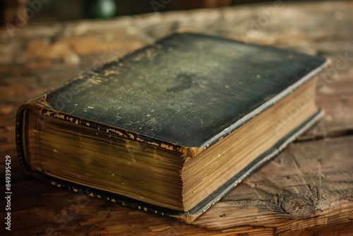 a single weathered book resting on a wooden table, its pages filled with untold stories