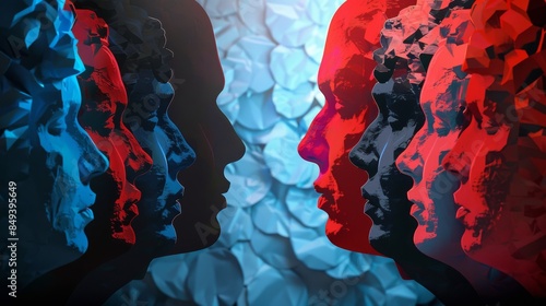 A 3D illustration depicts cultural and social divides, ideological battles, racism, and the clash between conservative and liberal politics, highlighting community psychology. photo