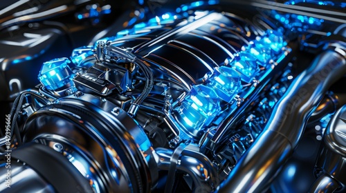 Design a close-up of a car's engine bay, showcasing the powerful machinery and engineering