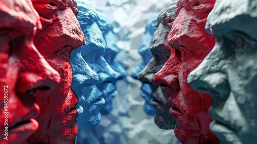 A 3D illustration depicts cultural and social divides, ideological battles, racism, and the clash between conservative and liberal politics, highlighting community psychology. photo