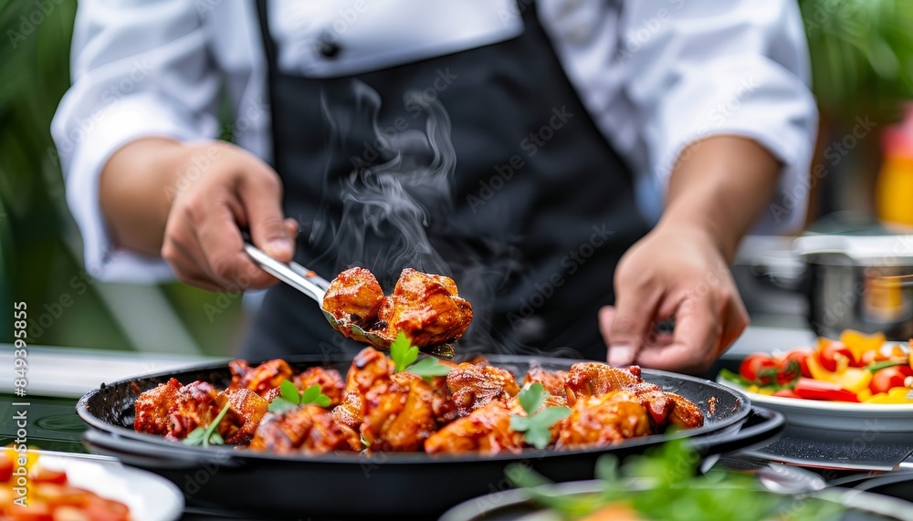Thai chef meticulously preparing traditional dish at festive event in detailed close up view