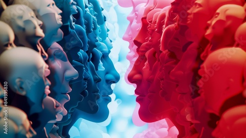 A 3D illustration depicts cultural and social divides, ideological battles, racism, and the clash between conservative and liberal politics, highlighting community psychology.
