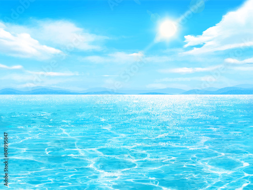 Summer sea and shining sun - beautiful summer beach frame illustration of blue sky and sea with clouds.