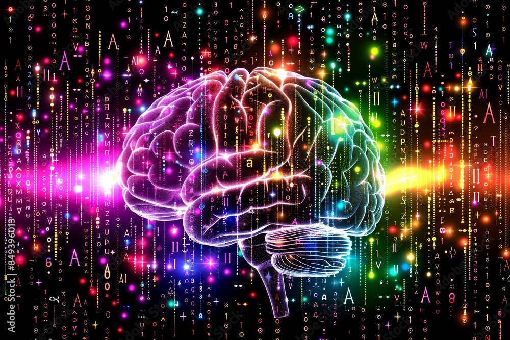 Vibrant neon lit human brain, floating in space, symbolizing the fusion of art and science in AI research Vibrant neon lit human brain, floating in space, symbolizing the fusion of art and science in AI research