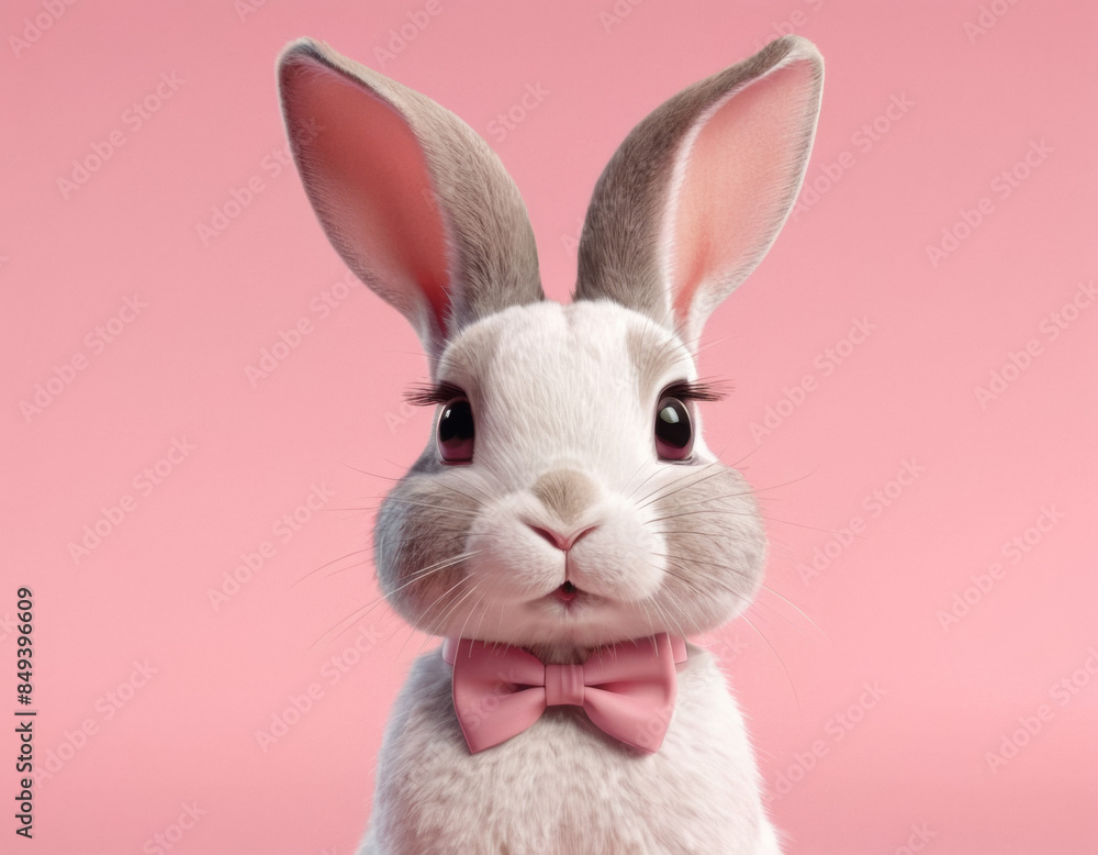 Fototapeta premium A 3D cartoon rabbit with long ears and a cute bow tie on a pastel pink background.
