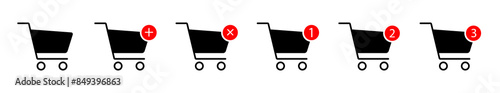 Shopping cart in black color with one, two and three notifications with adding or removing a set of icons of goods from the cart. Online shopping vector illustration design.
