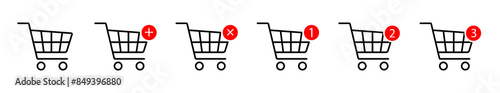 Shopping cart with one, two and three notifications with adding or removing items icons from the cart. Editable stroke. Online shopping vector illustration design.