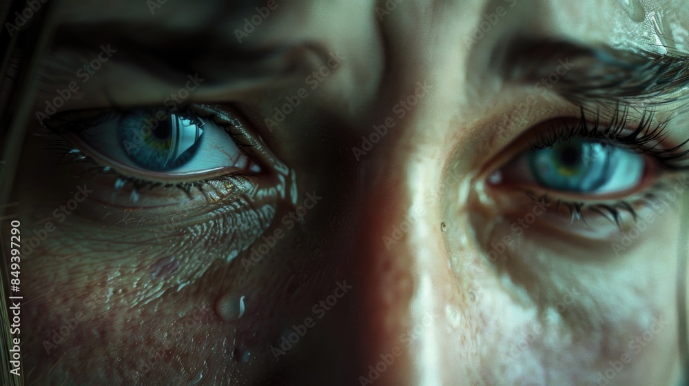 A close-up shot of a woman's face with tears streaming down her eyes A close-up shot of a woman's face with tears streaming down her eyes