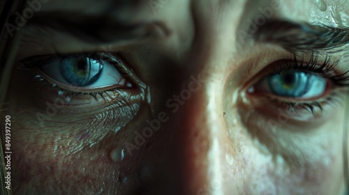 A close-up shot of a woman's face with tears streaming down her eyes