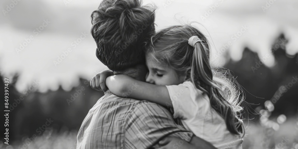 Fototapeta premium A young girl hugs an adult male in a black and white photograph, conveying warmth and affection