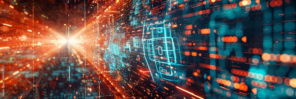 custom made wallpaper toronto digitalAbstract depiction of cybersecurity elements, including digital locks, shields, and network nodes, protected by AI algorithms, rendered in a futuristic and sophisticated design. Generative AI