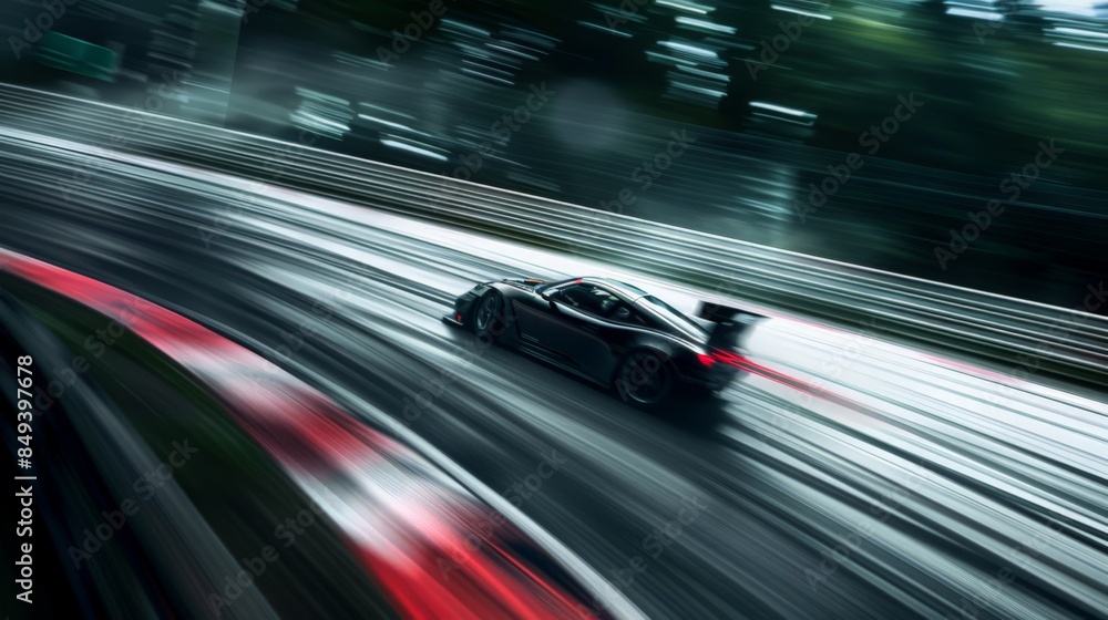 Design a scene of a car speeding on a racetrack, capturing the motion blur and dynamic energy.