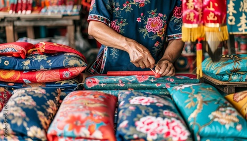 Chinese artisan crafting lantern for new year festivities  close up on hands carving