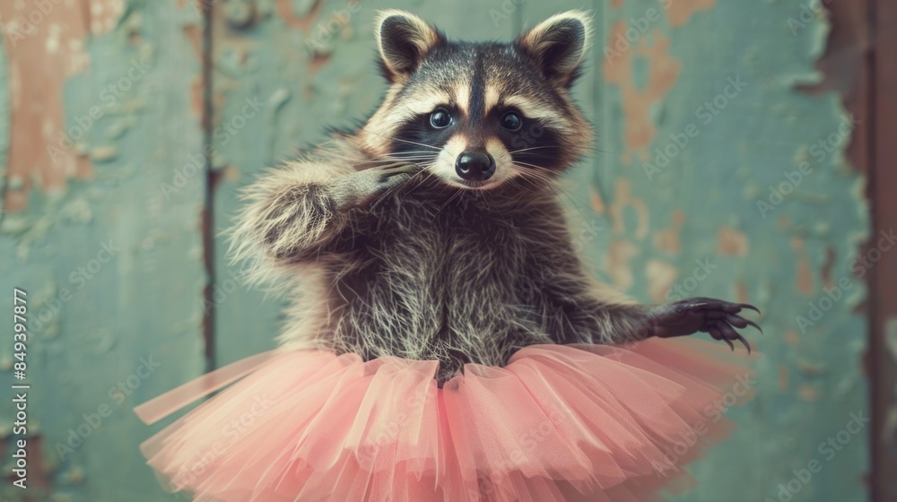A playful raccoon wearing a pink tutu poses for the camera A playful raccoon wearing a pink tutu poses for the camera