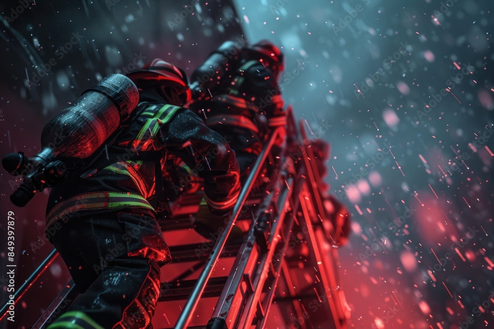 Two firefighters scaling a ladder in snowy conditions Two firefighters scaling a ladder in snowy conditions