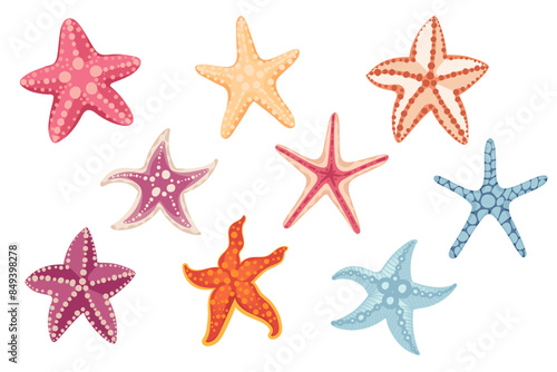 Set of colorful simple starfish vector illustration isolated on white background