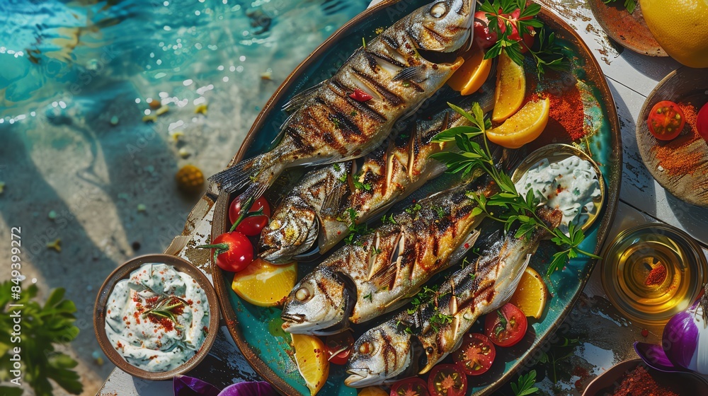 Fototapeta premium A vibrant platter of Palestinian Grilled Fish