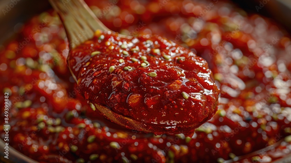 A wooden spoon filled with bright red sauce and colorful sprinkles, great for a festive or playful image A wooden spoon filled with bright red sauce and colorful sprinkles, great for a festive or playful image