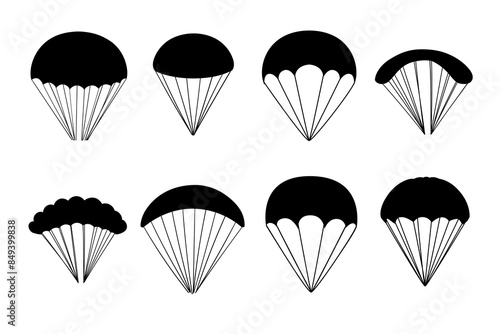 Black silhouette Set of simple cartoon parachute vector illustration isolated on white background