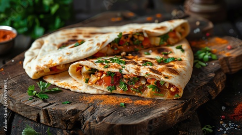 A vibrant serving of Algerian mhajeb with crispy, folded flatbread stuffed with tomato and onion mixture, placed on a rustic wooden board, warm afternoon light photo