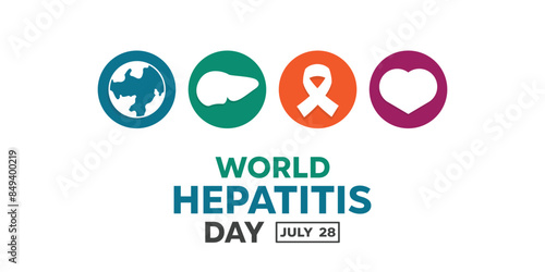 World Hepatitis Day. Earth, liver, ribbon and heart. Great for cards, banners, posters, social media and more. White background. 