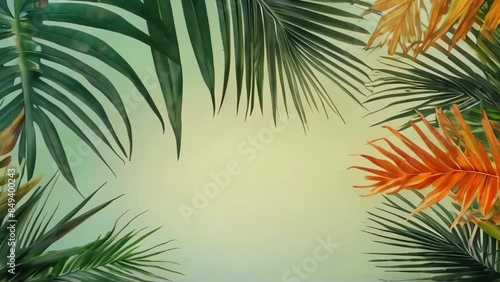 arrangement of tropical palm leaves in shades of green and orange against bright gradient background with a place for text in the middle