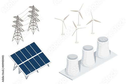 Set of electric generator industry icon simple cartoon style vector illustration isolated on white background
